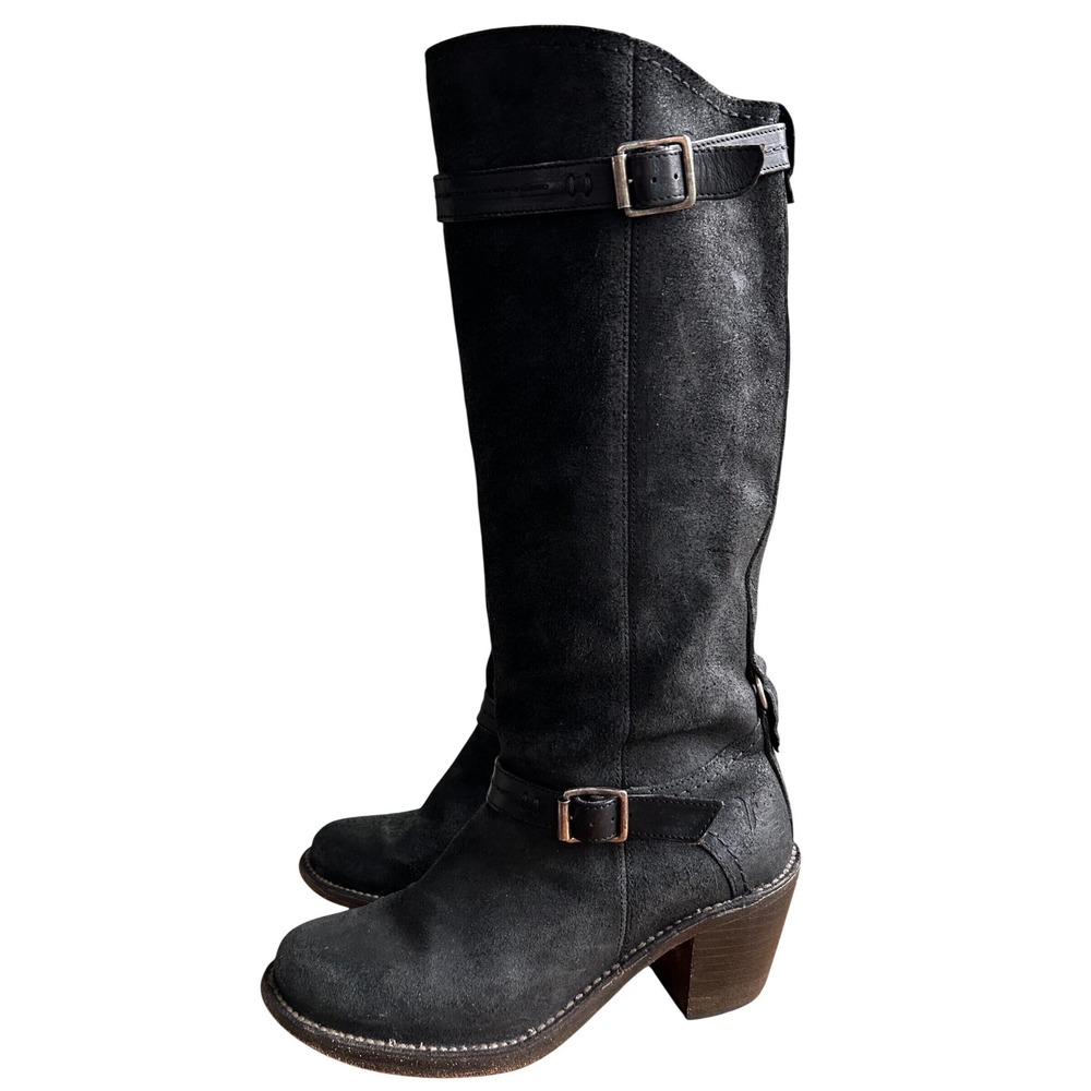 Frye Carmen Double Buckle Distressed Black Tall Leather Suede Heeled Moto Boot 7